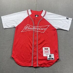 Starter Black Label Budweiser Baseball Jersey Mens Medium Red Button Up Logo 50
